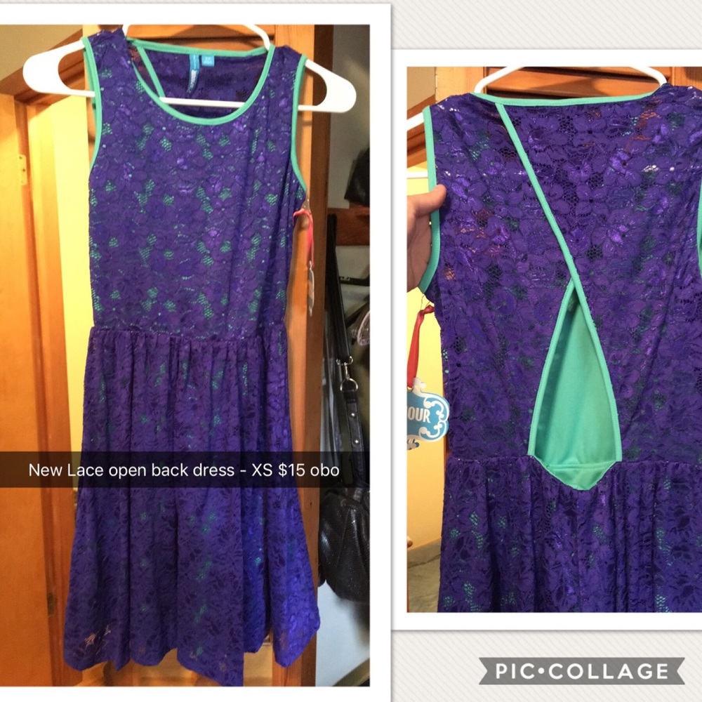New Navy & Teal Lace Open Back Dress - short/mini